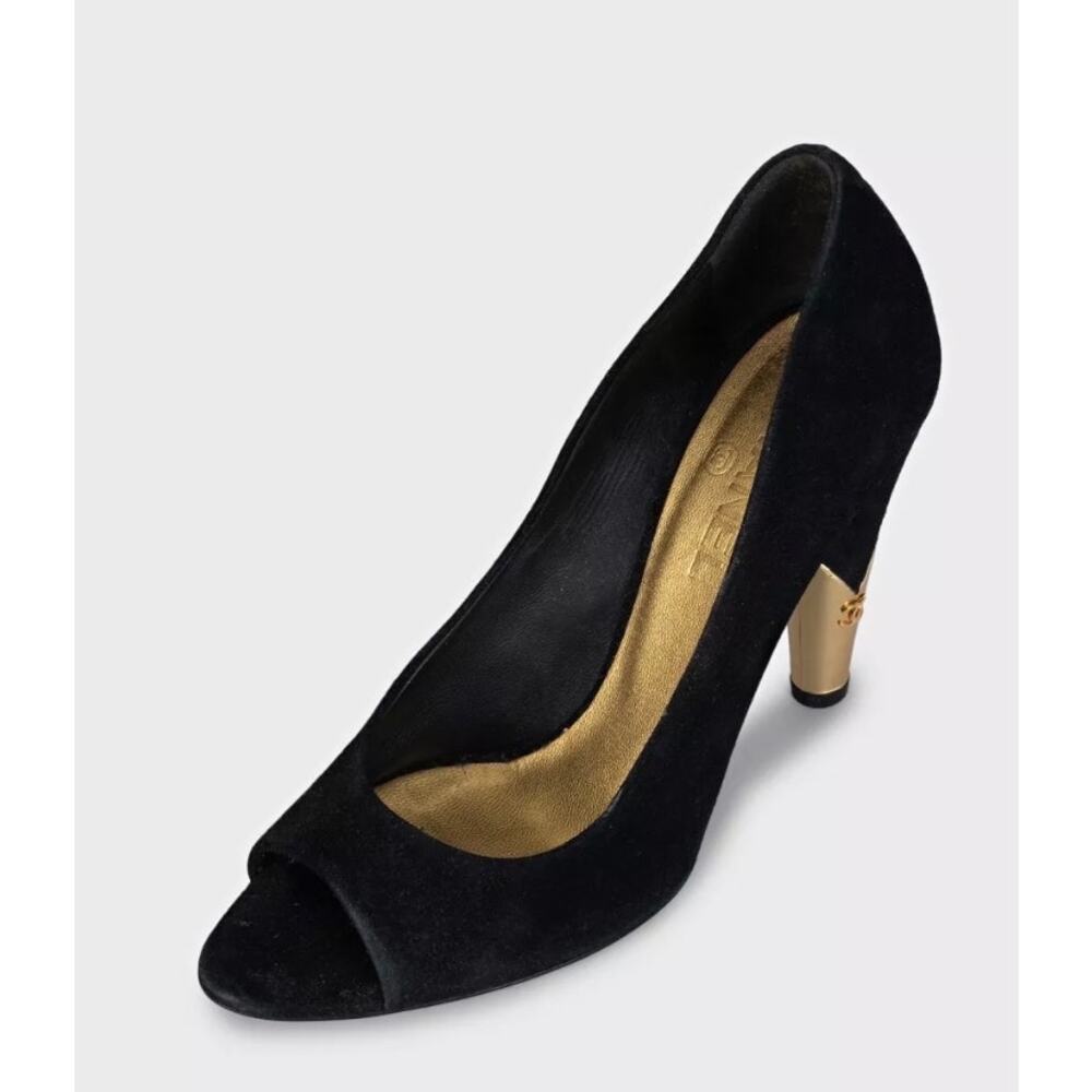 Chanel Black Suede Gold Accent Open Toe Pumps Sz 40 - Picture 3 of 7
